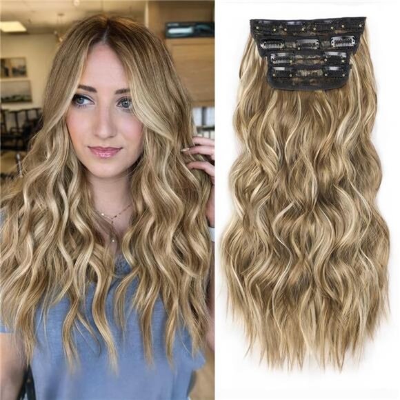 Clip in Long Wavy Synthetic Hair Extension 16 Inch Brown with Blonde - Picture 1 of 6
